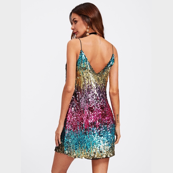 Multicolor Sequin Cami A-line Mini Dress - Picture 3 of 6